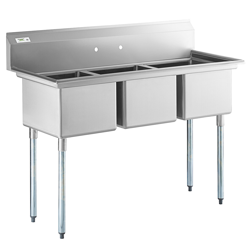Regency 60 inch 16 Gauge Stainless Steel Three Compartment Commercial Sink with Galvanized Steel Legs - 17 inch x 17 inch x 12 inch Bowls