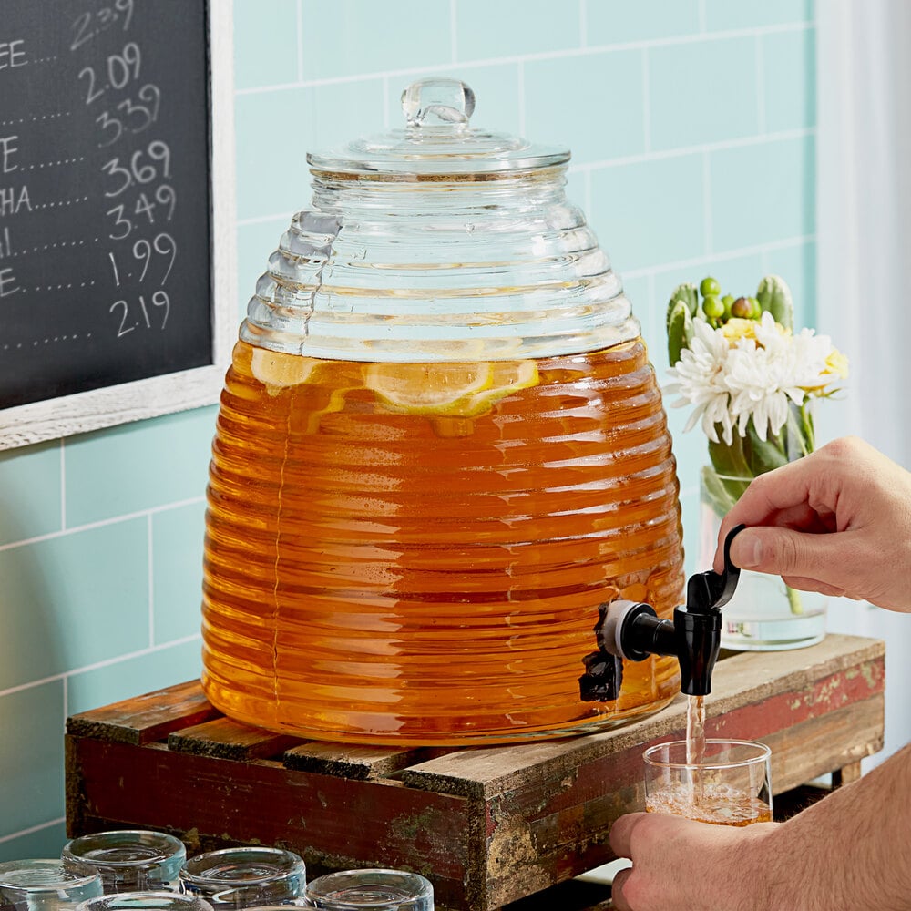 Acopa 4 Gallon Raindrop Glass Beverage Dispenser with Cork Lid, Wood Base,  and Spigot