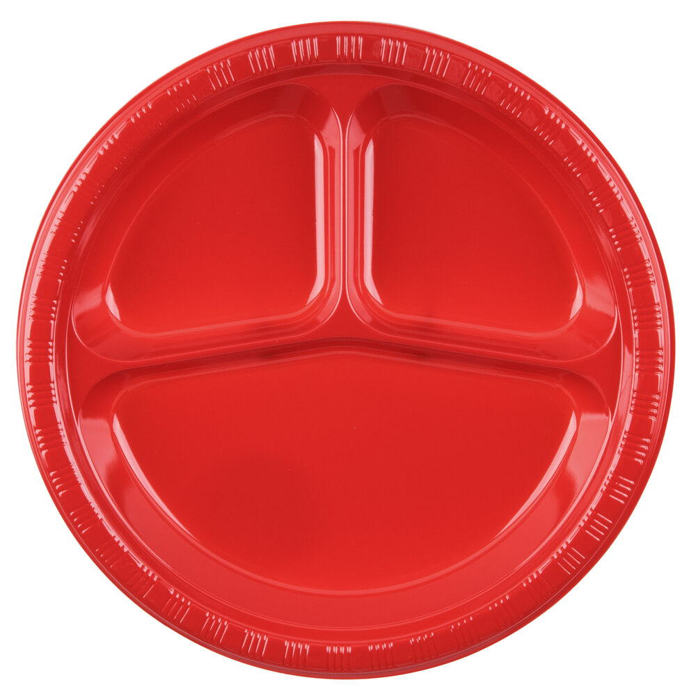Creative Converting 019548 10" 3 Compartment Classic Red Plastic Plate