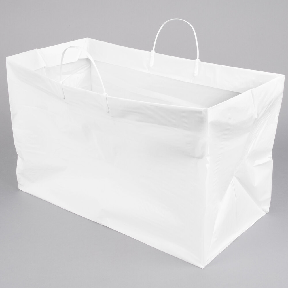 ZT Packaging Take Out Bag 19 x 10 x 12 x 10; 100Pcs Plain White Plastic Shopping Bag Clip Loop Handles and Cardboard Bottom for 9 in Containers 
