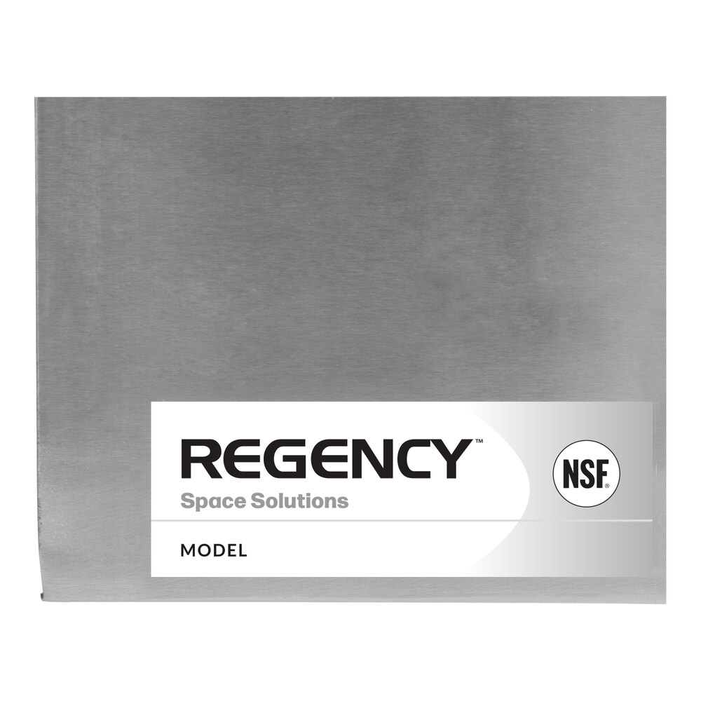 A close-up view of a brushed metal surface with a label that reads 'Regency Space Solutions' and 'NSF'.