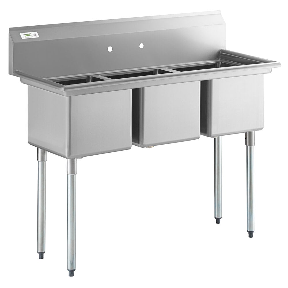 Regency 54 inch 16-Gauge Stainless Steel Three Compartment Commercial Sink with Galvanized Steel Legs and without Drainboards - 15 inch x 15 inch x 12 inch Bowls