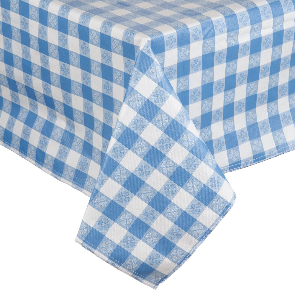 52" x 72" Blue Checkered Vinyl Table Cover with Flannel Back