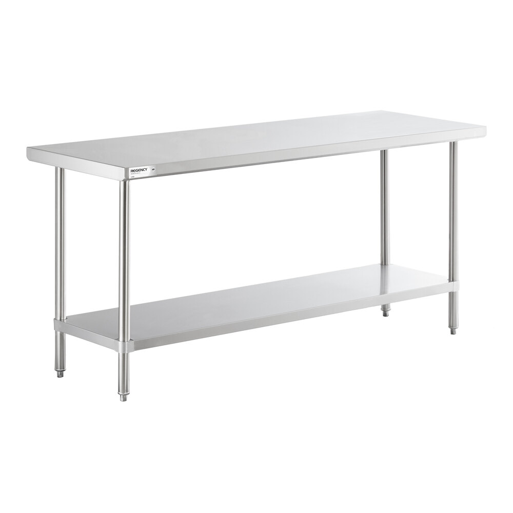 A stainless steel table with four legs and an undershelf, designed for commercial use.