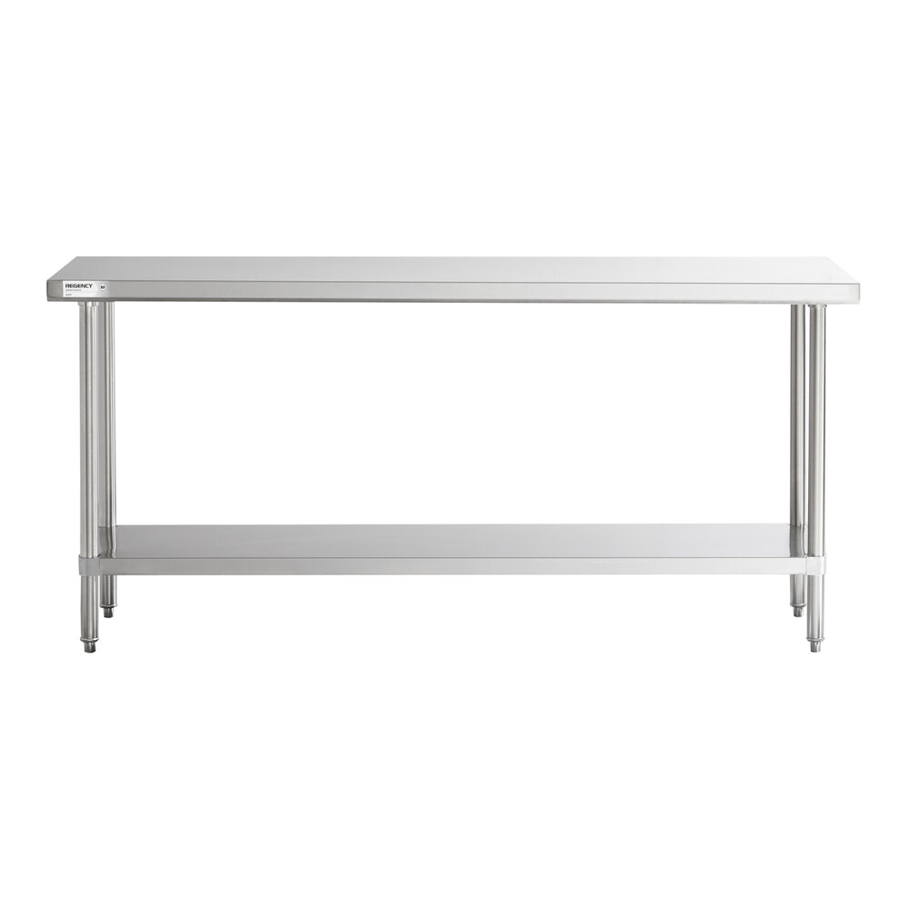 A stainless steel work table with an undershelf and four legs, shown against a white background.