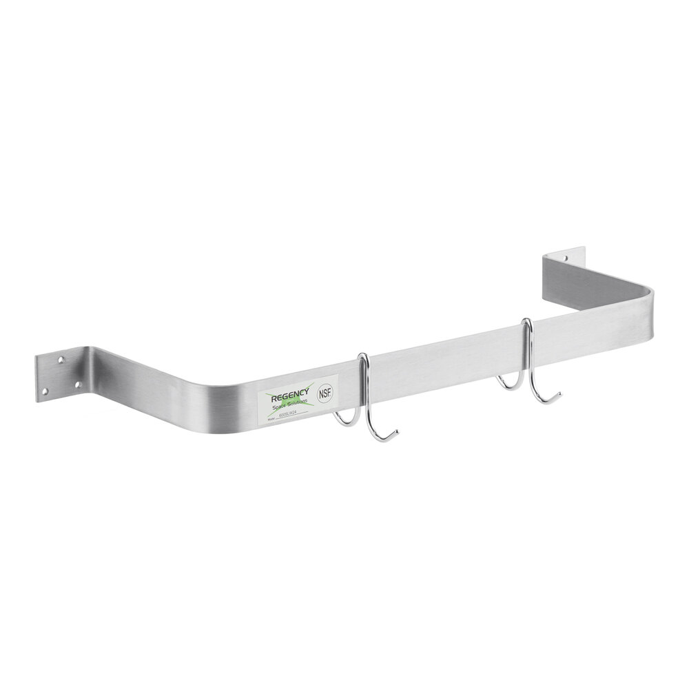 A stainless steel wall-mounted pot rack with two double prong hooks.