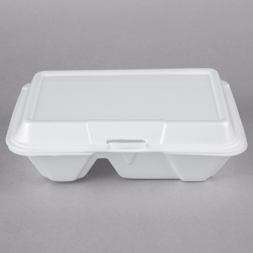 Dart 205HT2 9" x 6" x 3" White Foam 2 Compartment Take Out Container with Perforated Hinged Lid