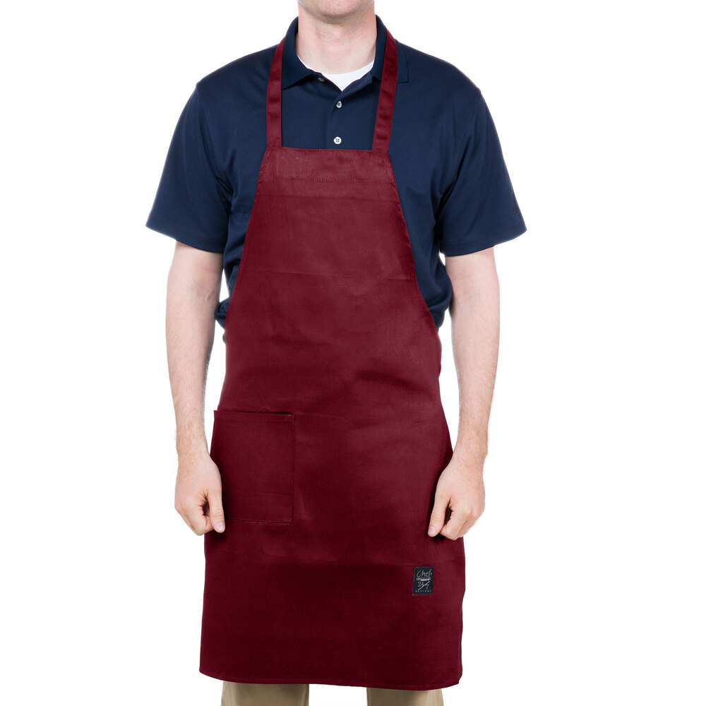 Chef Revival Burgundy PolyCotton Customizable Bib Apron with 1 Pocket