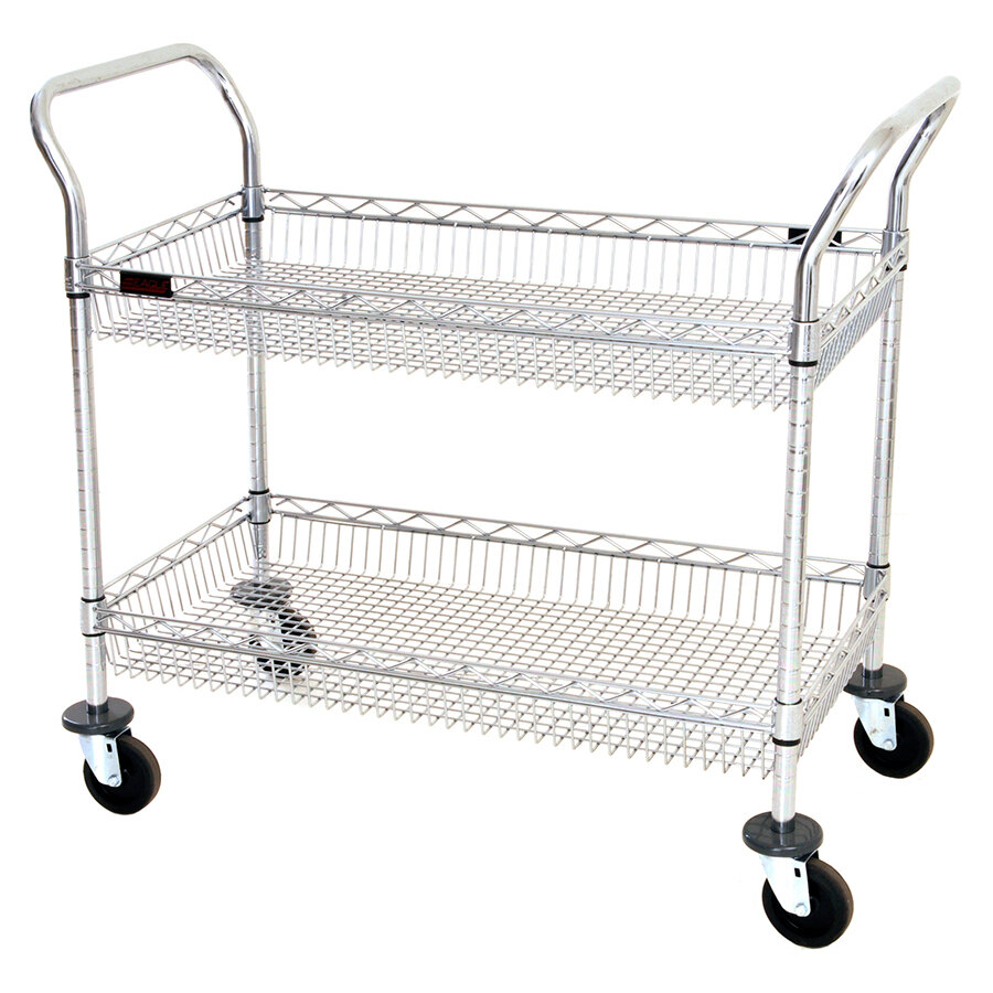 18" x 36" Shelving Cart With 2 Baskets Metal Wire 3 Shelf Silver Open 1320 Lb 