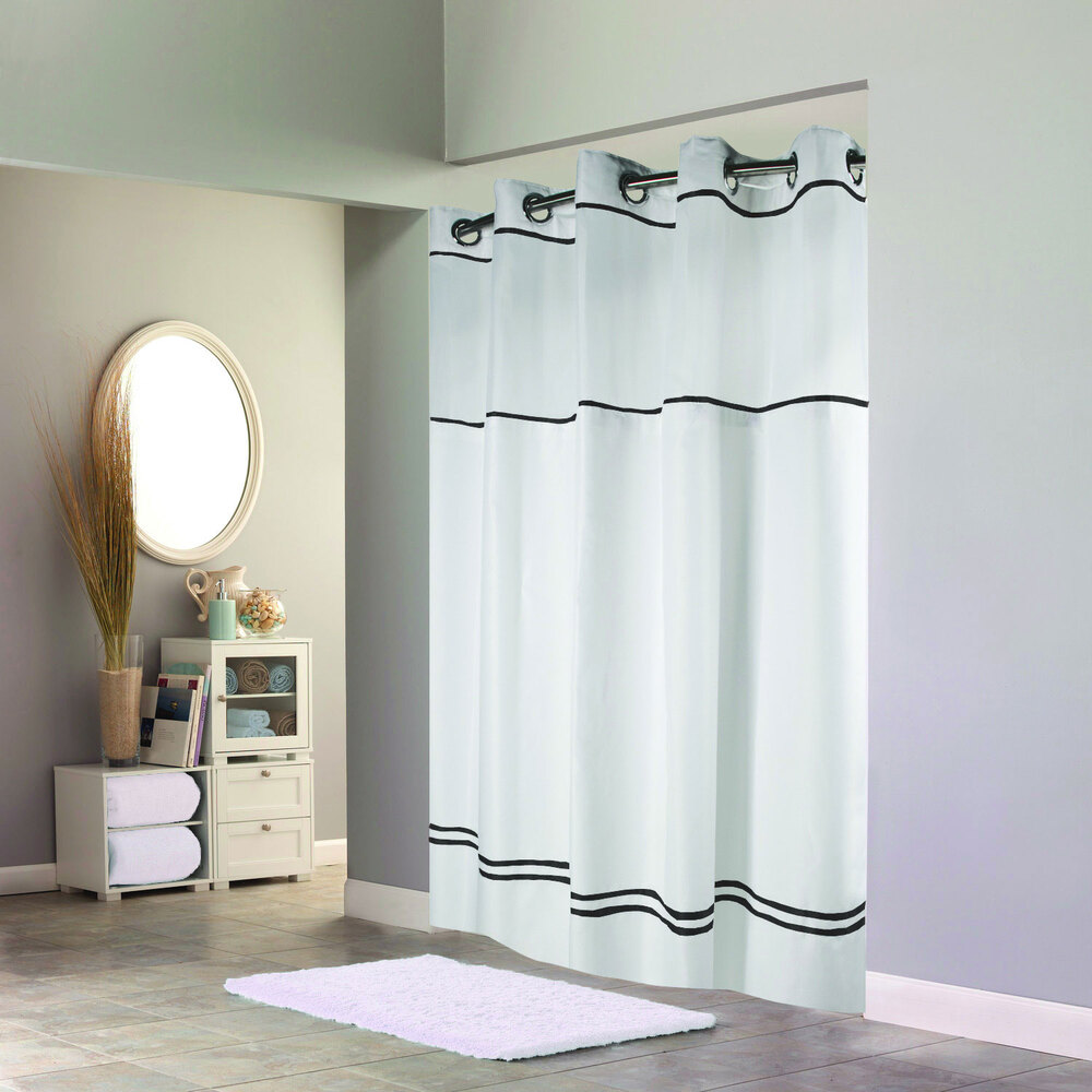 Hookless Shower Curtain w/ Window White Mini-Squares Weave Wyndham 71X77" 