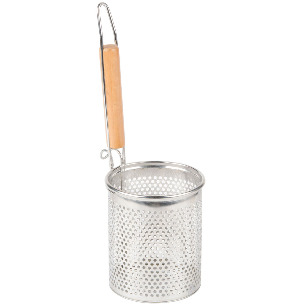 Thunder Group 5 x 5 1/4 Stainless Steel Strainer/Blanching Basket with Wooden Handle