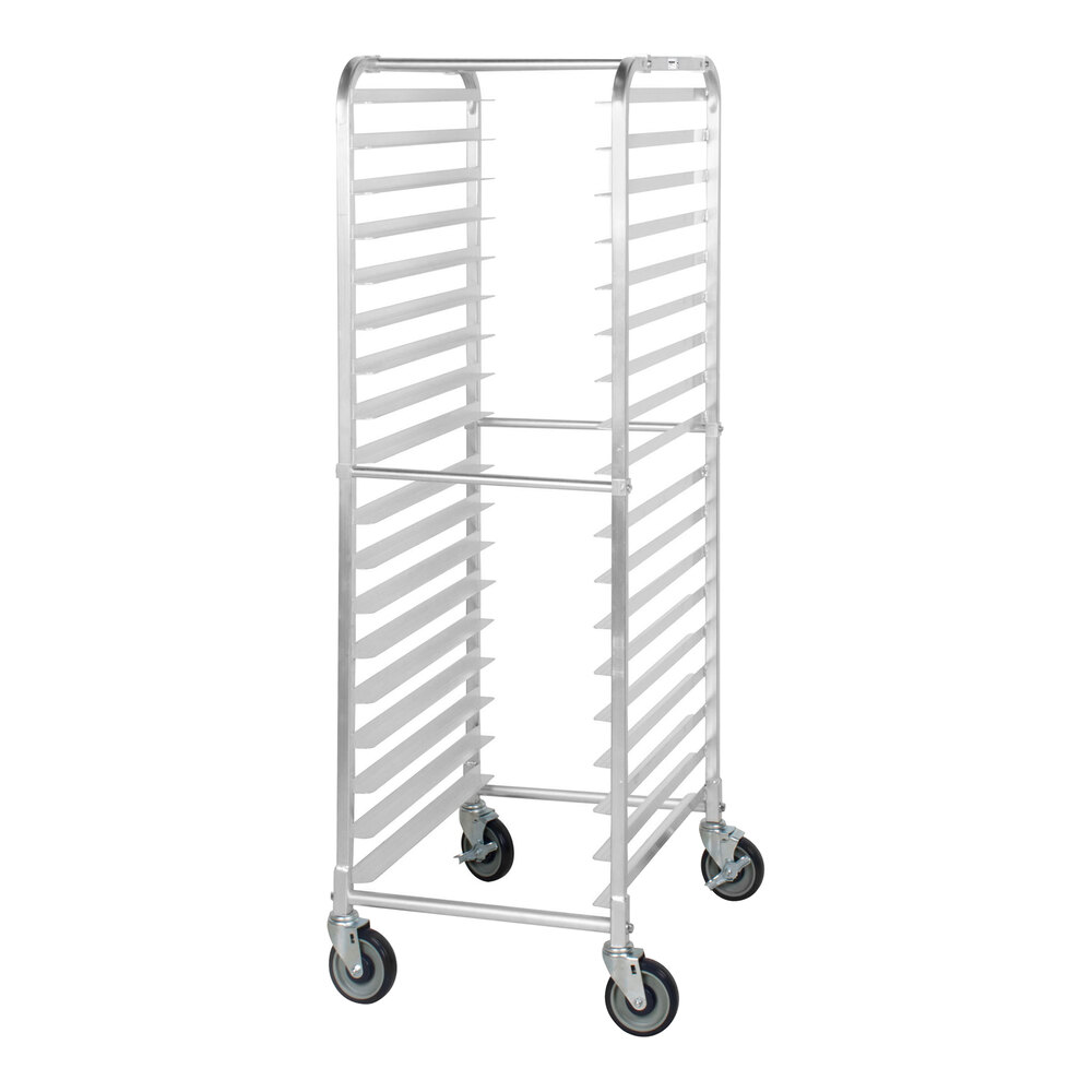 A tall, metal rack with multiple horizontal slots and four caster wheels, designed for holding trays or pans.