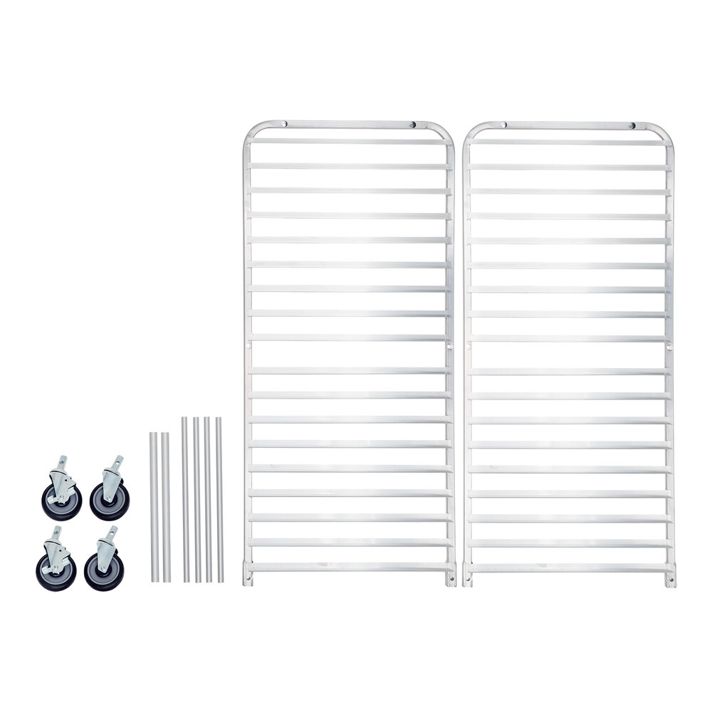 Two metal rack frames, four caster wheels, and four metal rods are laid out on a white background, appearing to be unassembled parts for a rack.