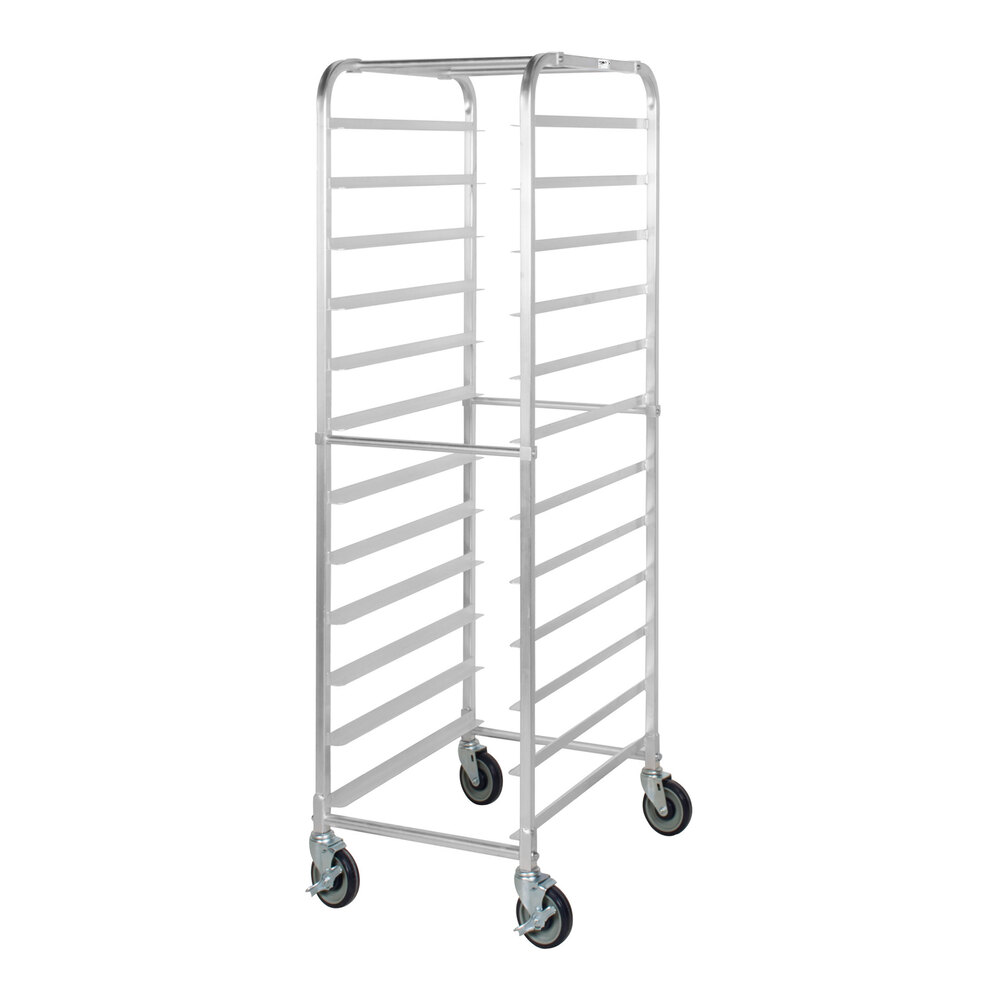 A tall, metal rack with multiple horizontal slots and four caster wheels, designed for holding trays or pans.