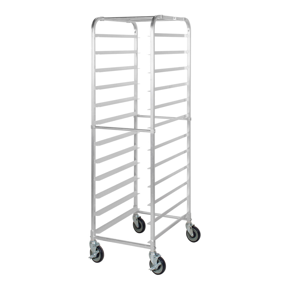 A tall, silver metal rack with multiple horizontal slots and four caster wheels at the base.