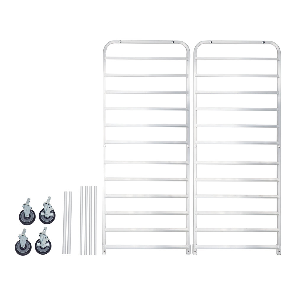 An unassembled metal rack kit with two vertical frames, four caster wheels, and several horizontal support bars.