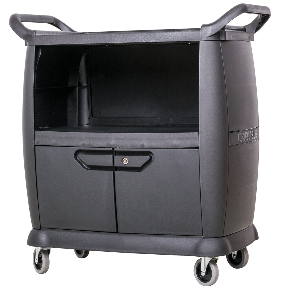 Carlisle CC2036DP03 3 Shelf Black Utility / Bus Cart with Doors and