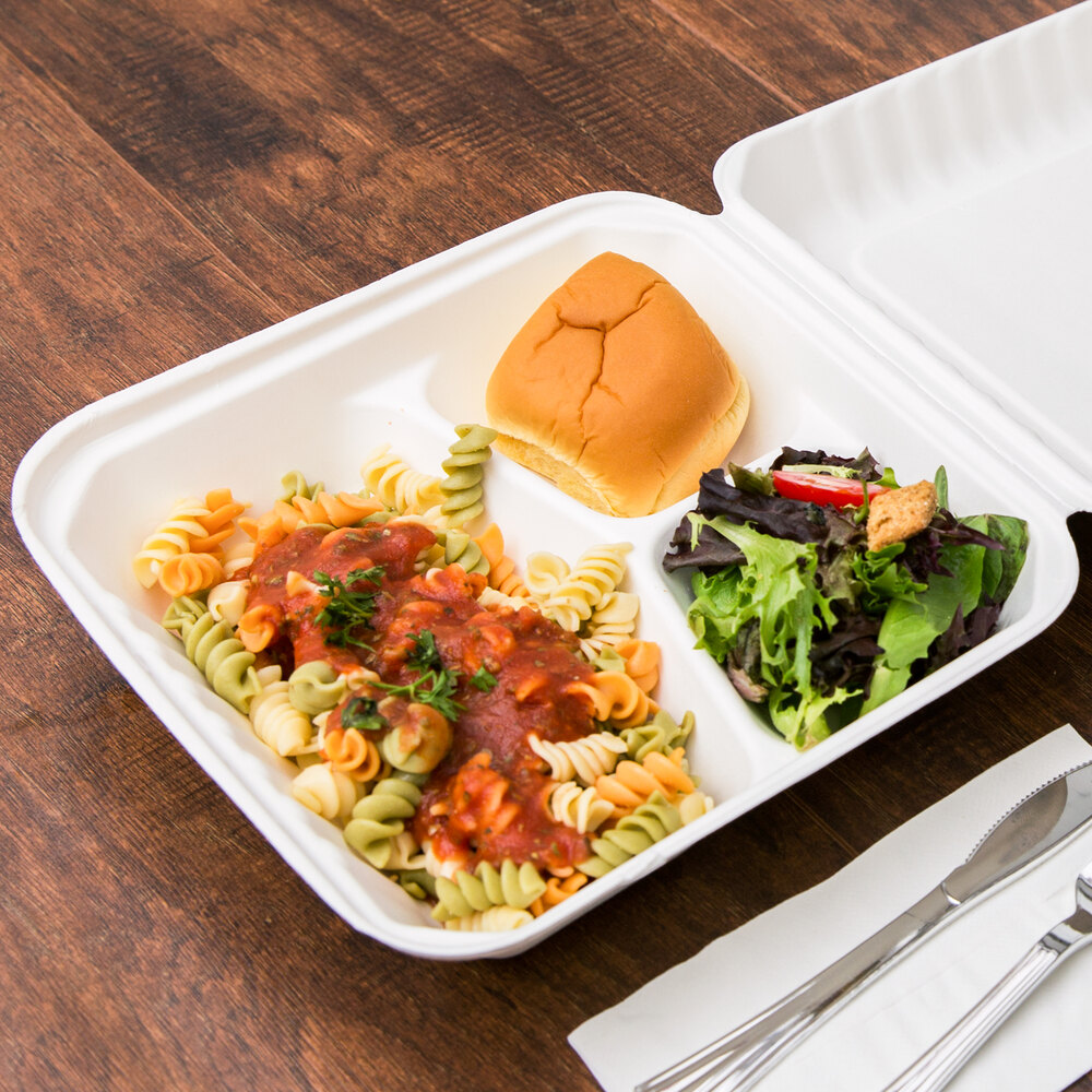 Compostable 3-Compartment Rectangular Hinged Clamshell 9x9 TakeOut Box –  EcoQuality Store