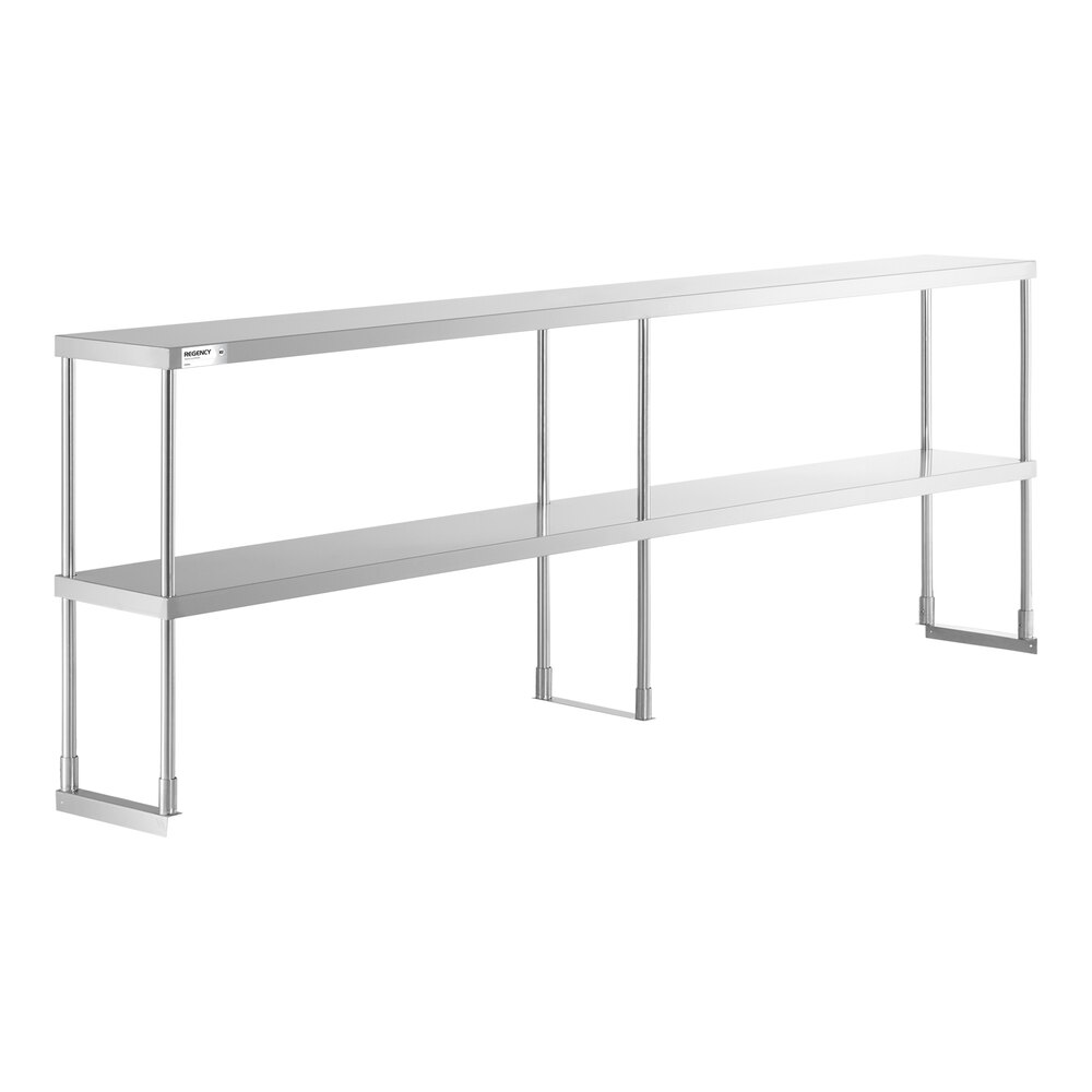 A long, double-deck stainless steel overshelf with two tiers and multiple supporting legs.