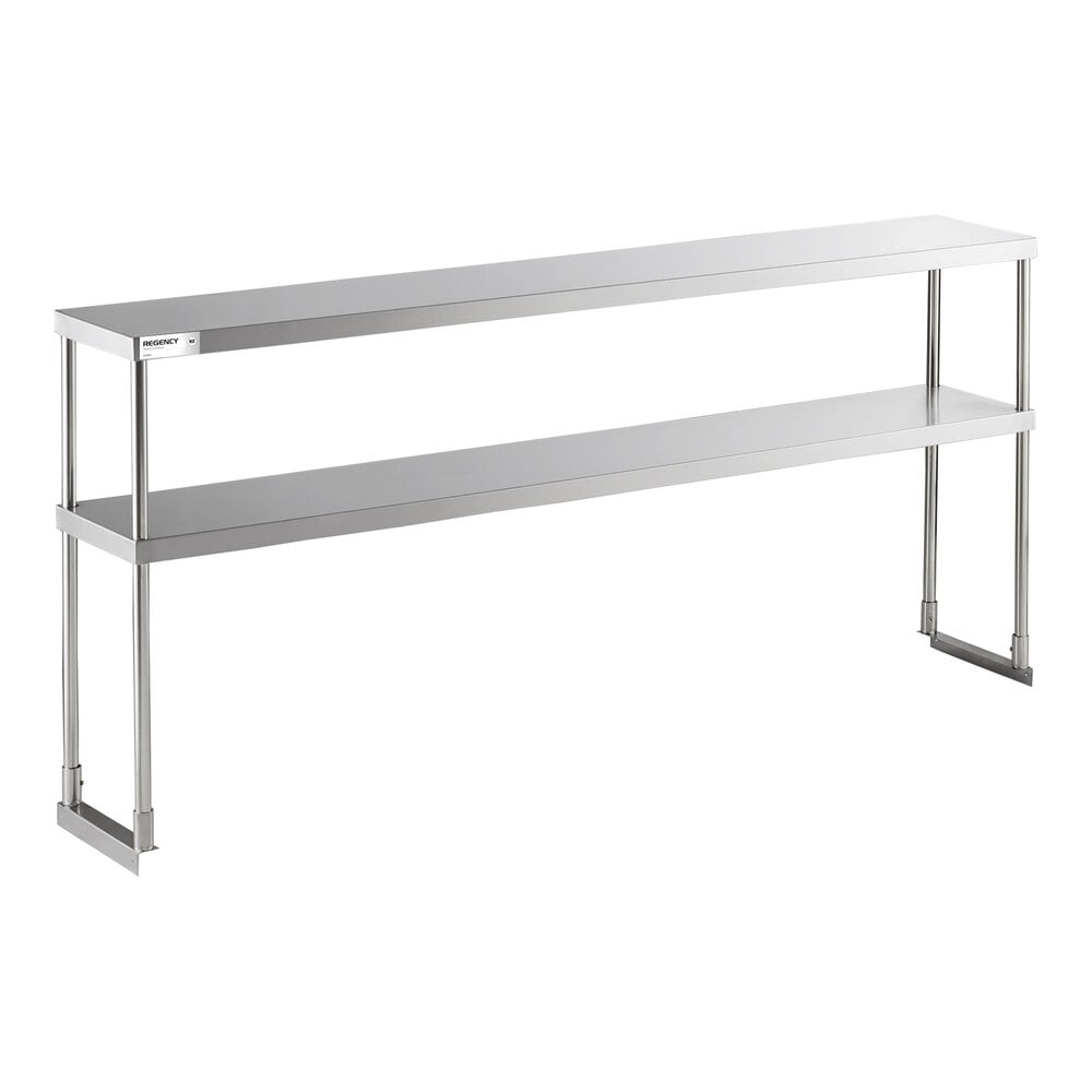 A metal double-deck overshelf with two long rectangular shelves supported by vertical metal legs.