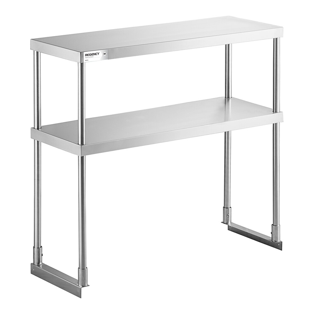 A two-tier stainless steel overshelf with four vertical supports and a rectangular design.