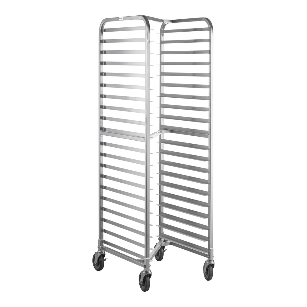 A tall, metal rack with multiple horizontal slots and four caster wheels, designed for holding trays or pans.