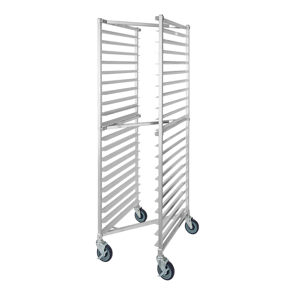 A tall, metal rack with multiple horizontal slots and four caster wheels, designed for holding trays or pans.