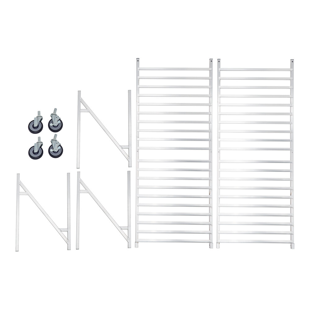 Several unassembled metal rack components and four caster wheels are laid out on a white background.