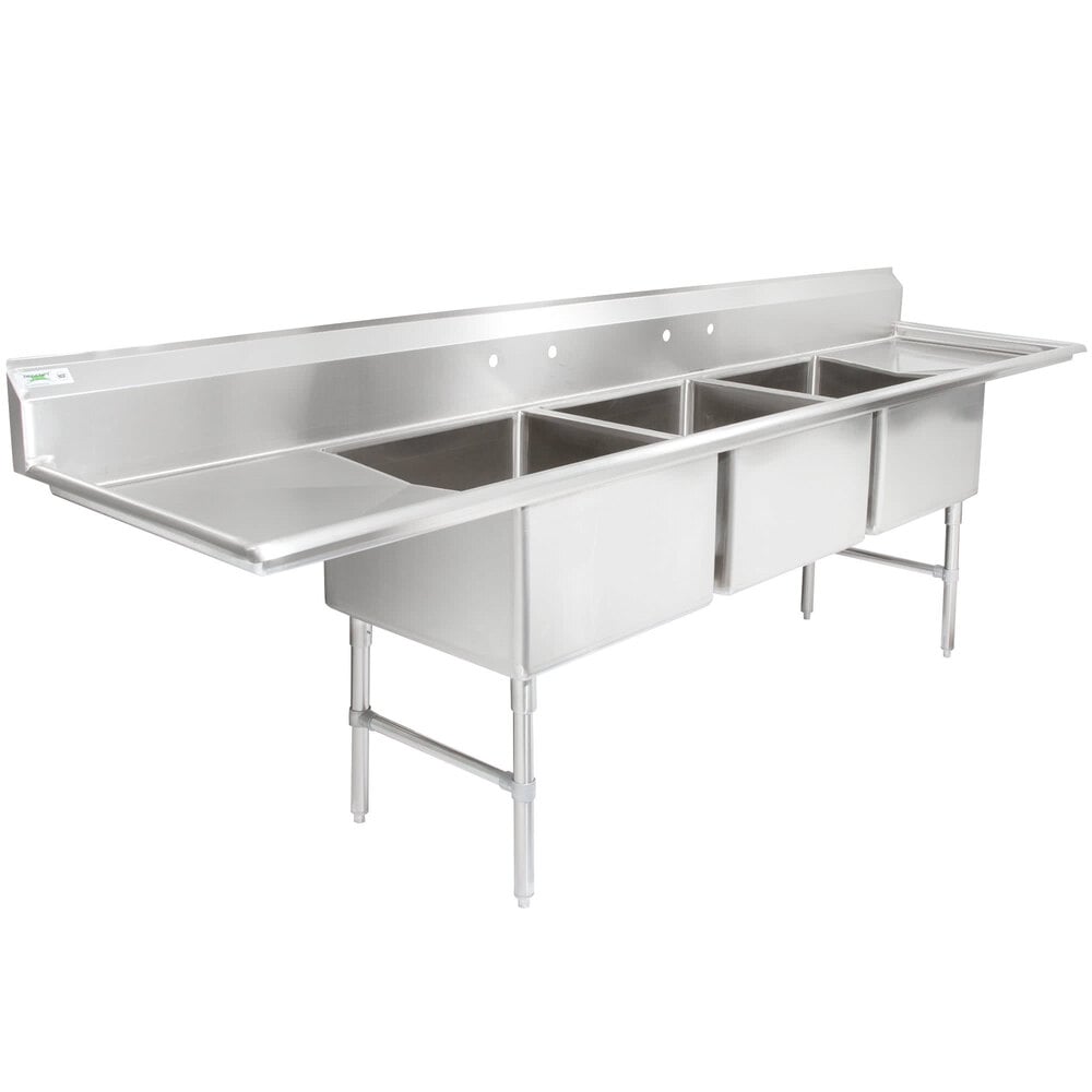 Regency 124 inch 16-Gauge Stainless Steel Three Compartment Commercial Sink with 2 Drainboards - 24 inch x 24 inch x 14 inch Bowls