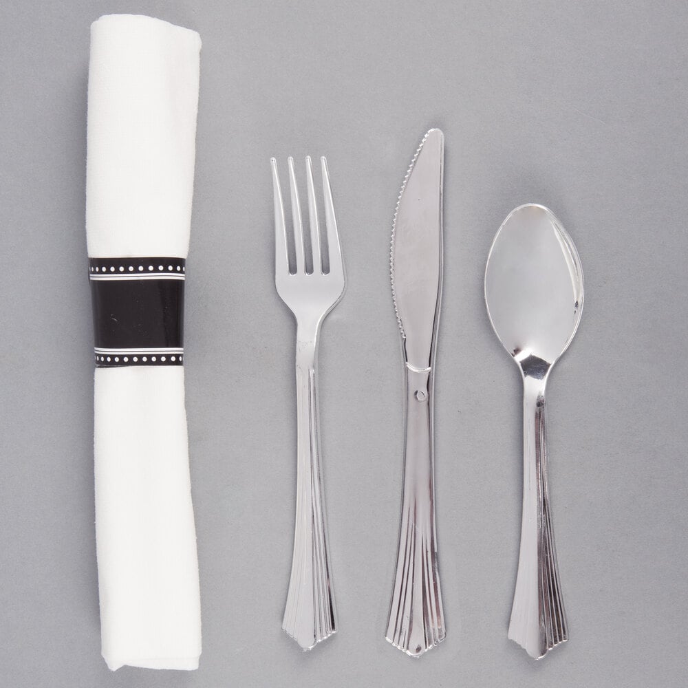 Visions 18 x 15 1/2 Pre-Rolled Linen-Feel White Napkin and Classic Heavy  Weight Gold Plastic Cutlery Set - 100/Case