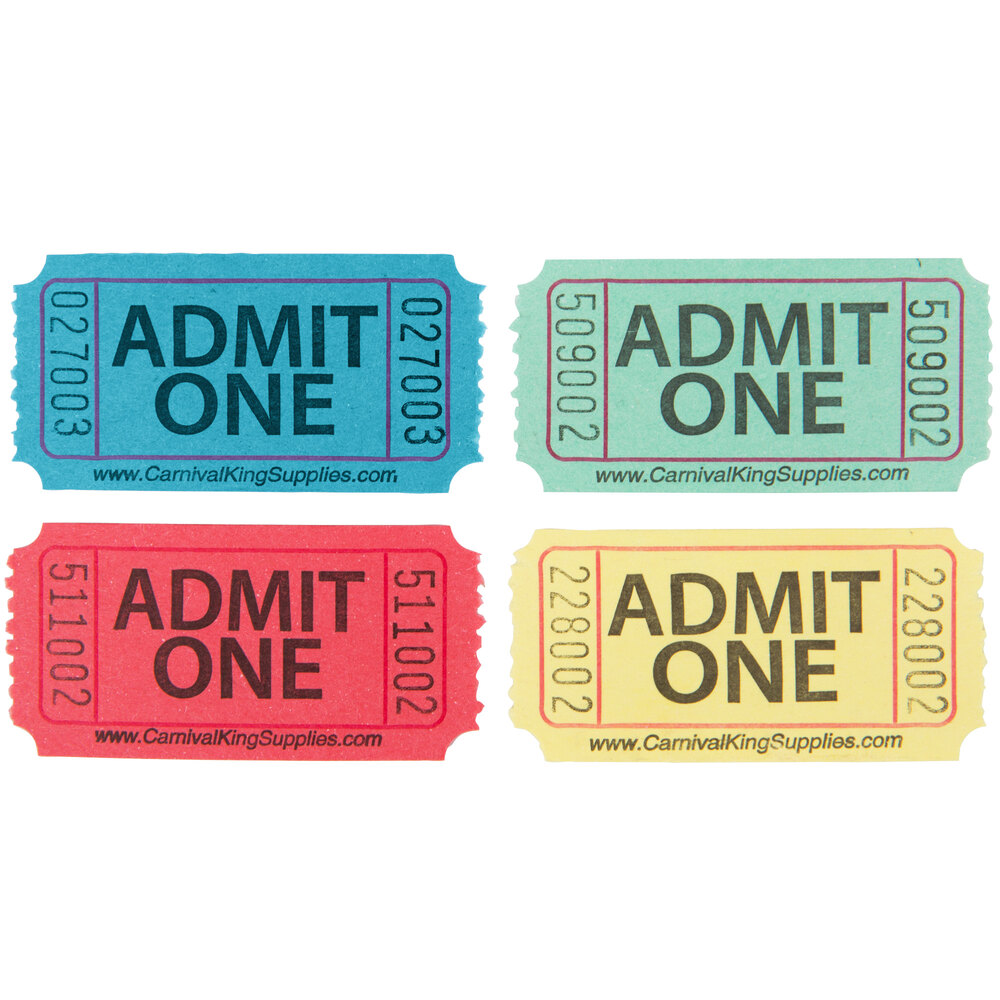 Carnival King Assorted 1-Part Admit One Tickets Set - Blue, Green, Red, Yellow