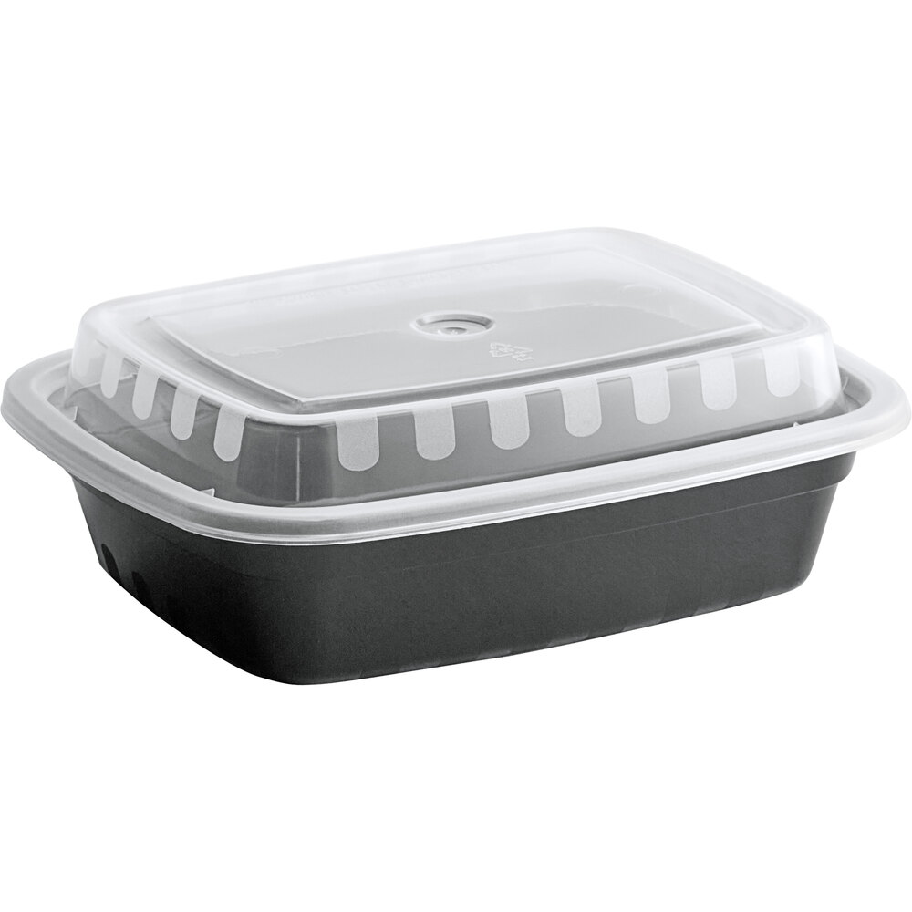 Microwaveable 150/Case 12 oz Black Rectangle Plastic Containers with Clear Lids 