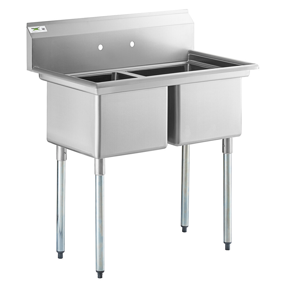 Regency 41 inch 16-Gauge Stainless Steel Two Compartment Commercial Sink with Galvanized Steel Legs and without Drainboards - 17 inch x 17 inch x 12 inch Bowls