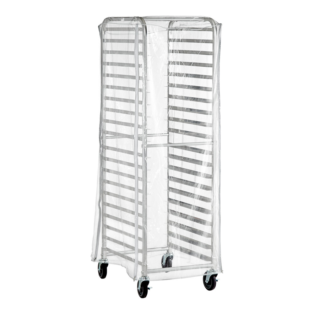 A clear plastic bun pan rack cover with three zippers designed to fit a full-size rack.