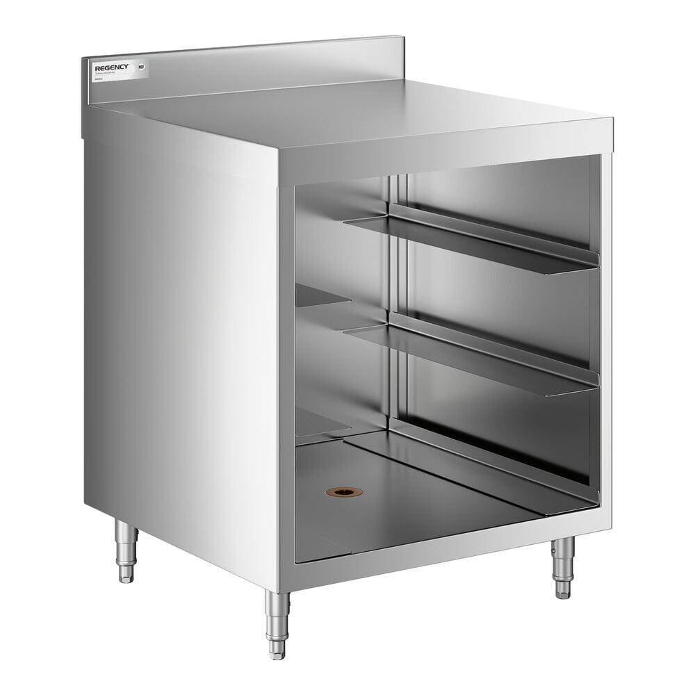 A stainless steel storage unit with a flat top, open front, and two interior shelves, standing on four legs.