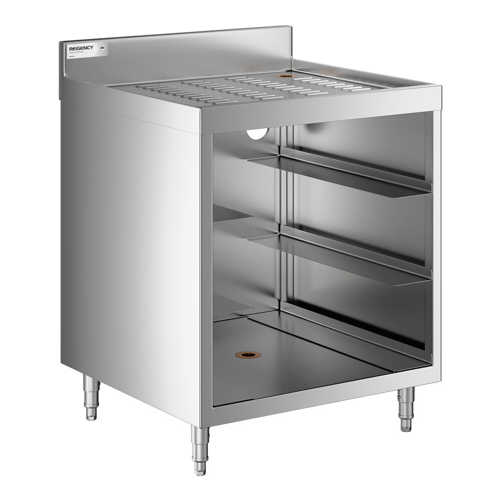 A stainless steel storage unit with a corrugated top, open front, and two interior shelves.