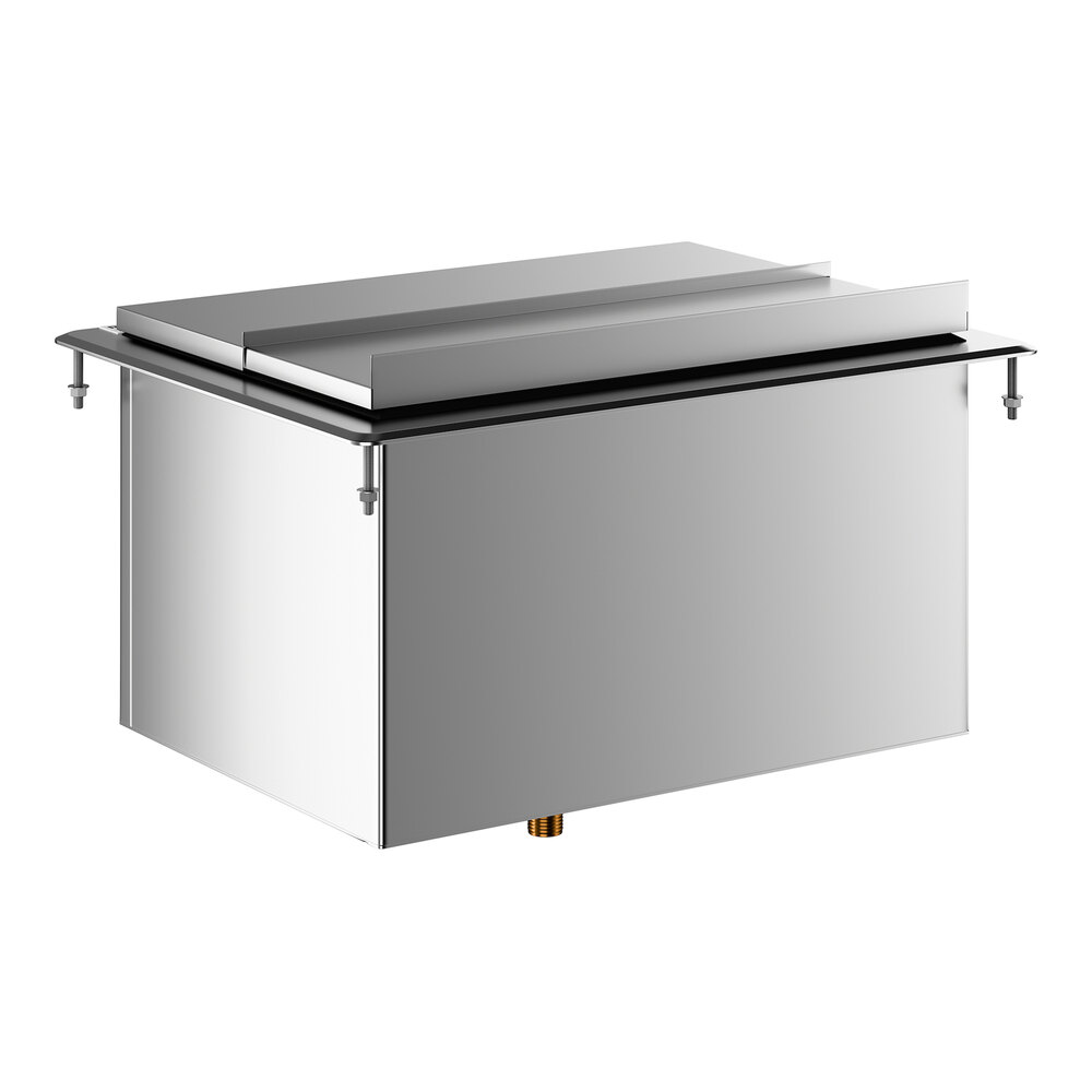 A rectangular stainless steel ice bin with a sliding lid and adjustable mounting hardware, designed for drop-in installation.