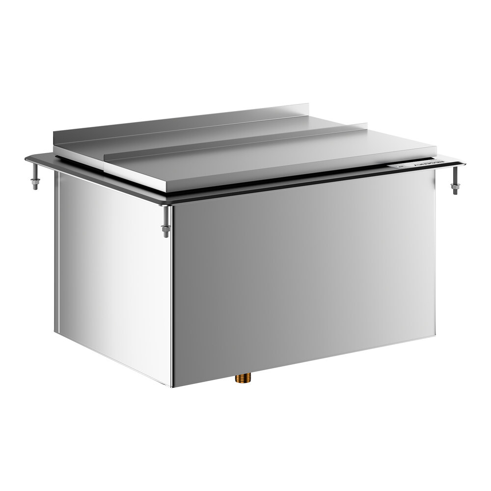 A stainless steel rectangular ice bin with a sliding lid and mounting hardware visible on the corners.