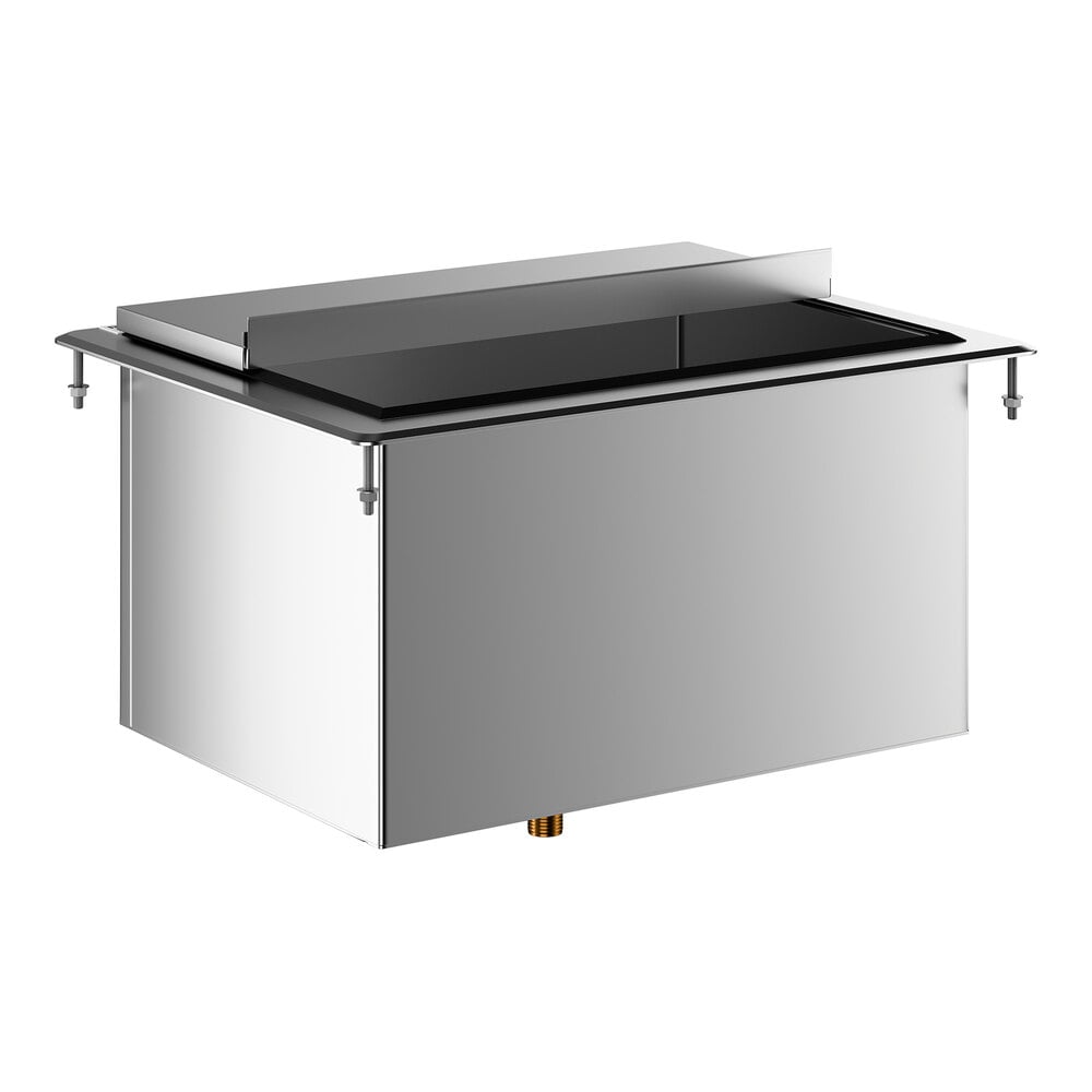 A rectangular stainless steel drop-in ice bin with a sliding lid and a backsplash, designed for installation into a countertop.
