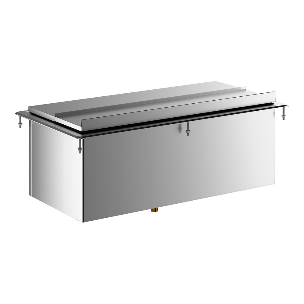 A rectangular stainless steel ice bin with a sliding lid and mounting hardware visible on the sides.