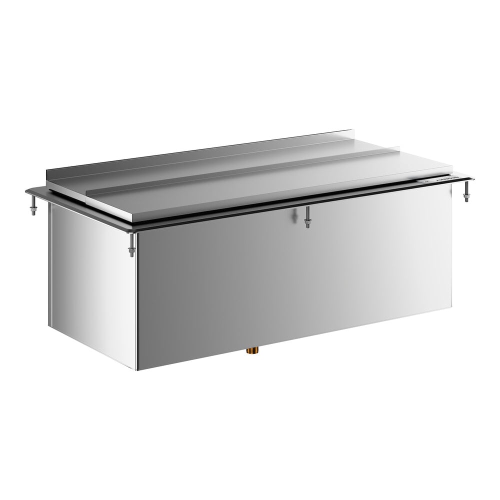 A rectangular stainless steel drop-in ice bin with a sliding lid and adjustable mounting hardware.