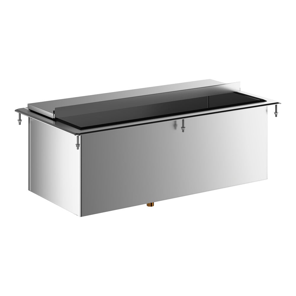 A rectangular stainless steel drop-in ice bin with a black sliding lid and mounting hardware visible on the sides.