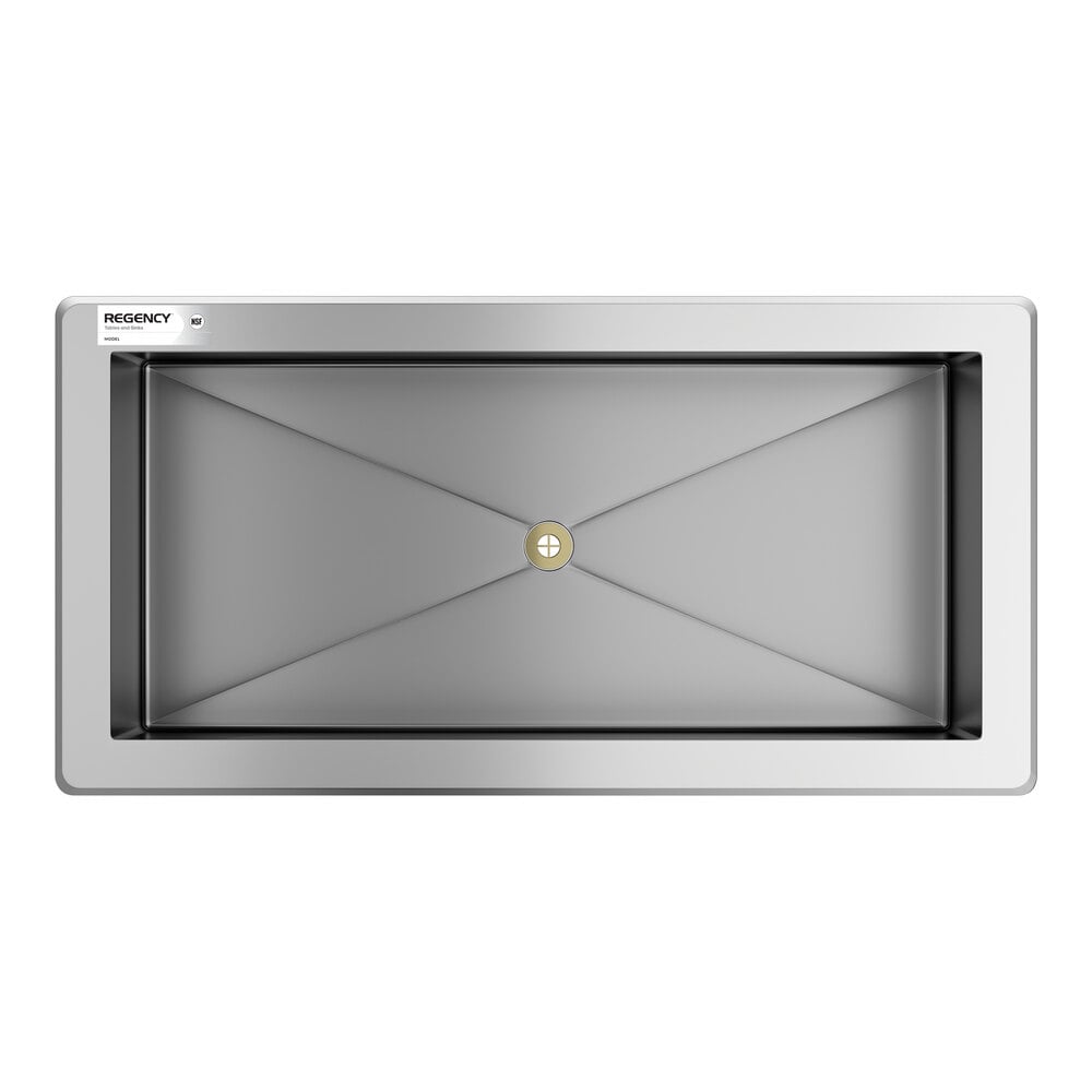 A rectangular stainless steel ice bin with a central drain and a flat rim, viewed from above.