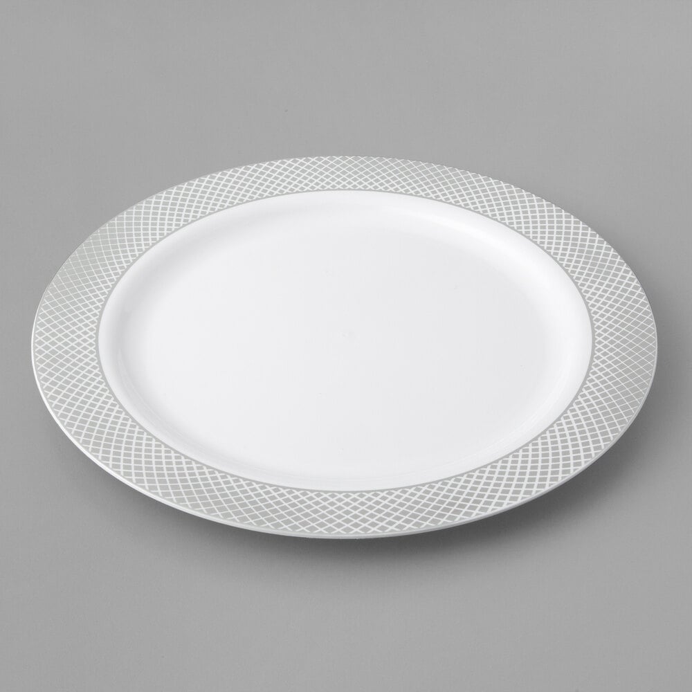 120 10" Plastic Disposable Wedding Dinner Plates China Look Black Silver Rim 