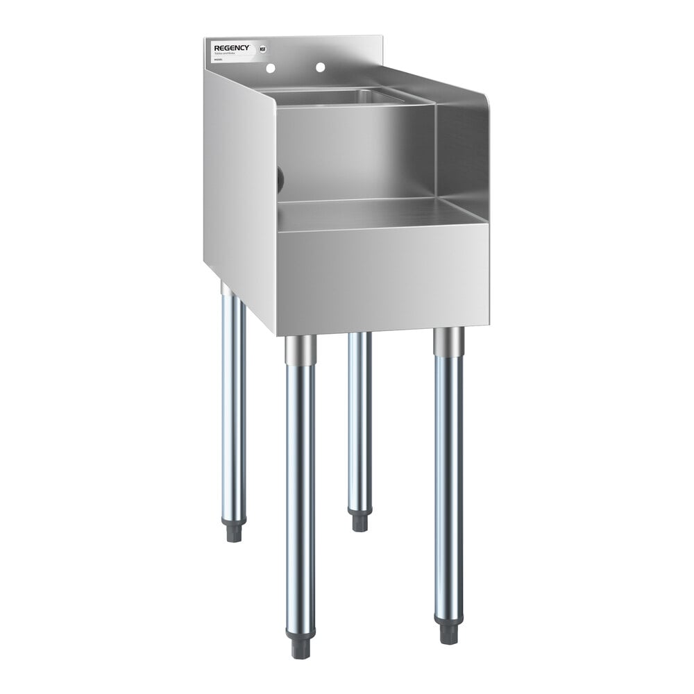 A stainless steel station with a small integrated sink and four metal legs.