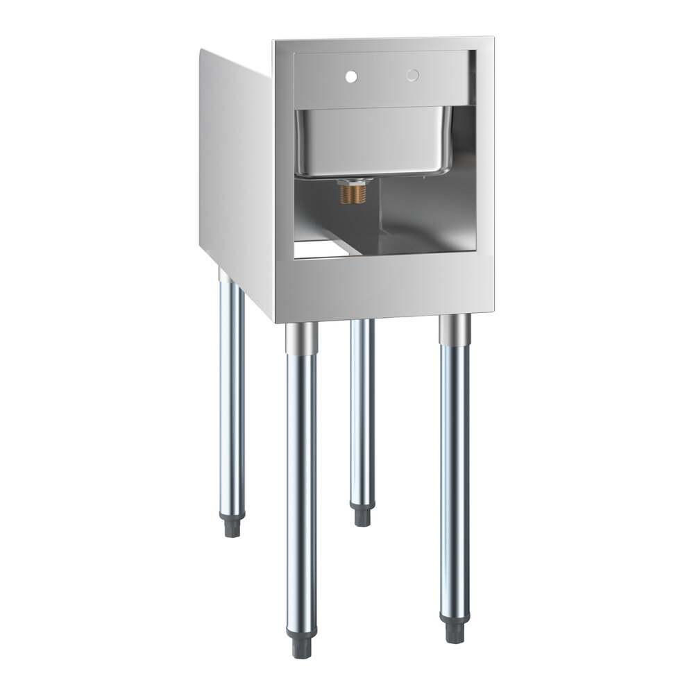 A stainless steel station with four legs, an open front, and a small integrated sink at the top.