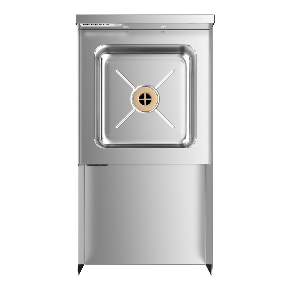 A stainless steel station with a square sink and a drain in the center, featuring a smooth, reflective surface and a lower cabinet section.