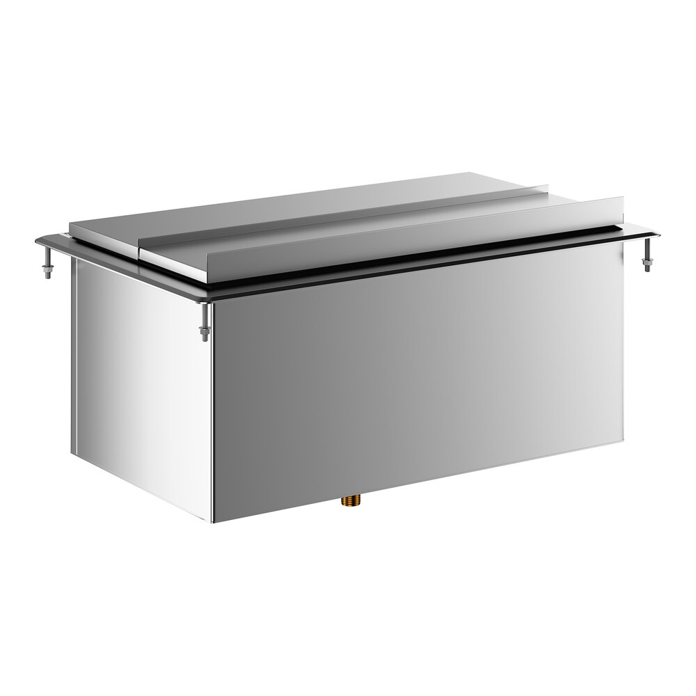 A rectangular stainless steel container with a sliding lid and mounting hardware visible on the sides.