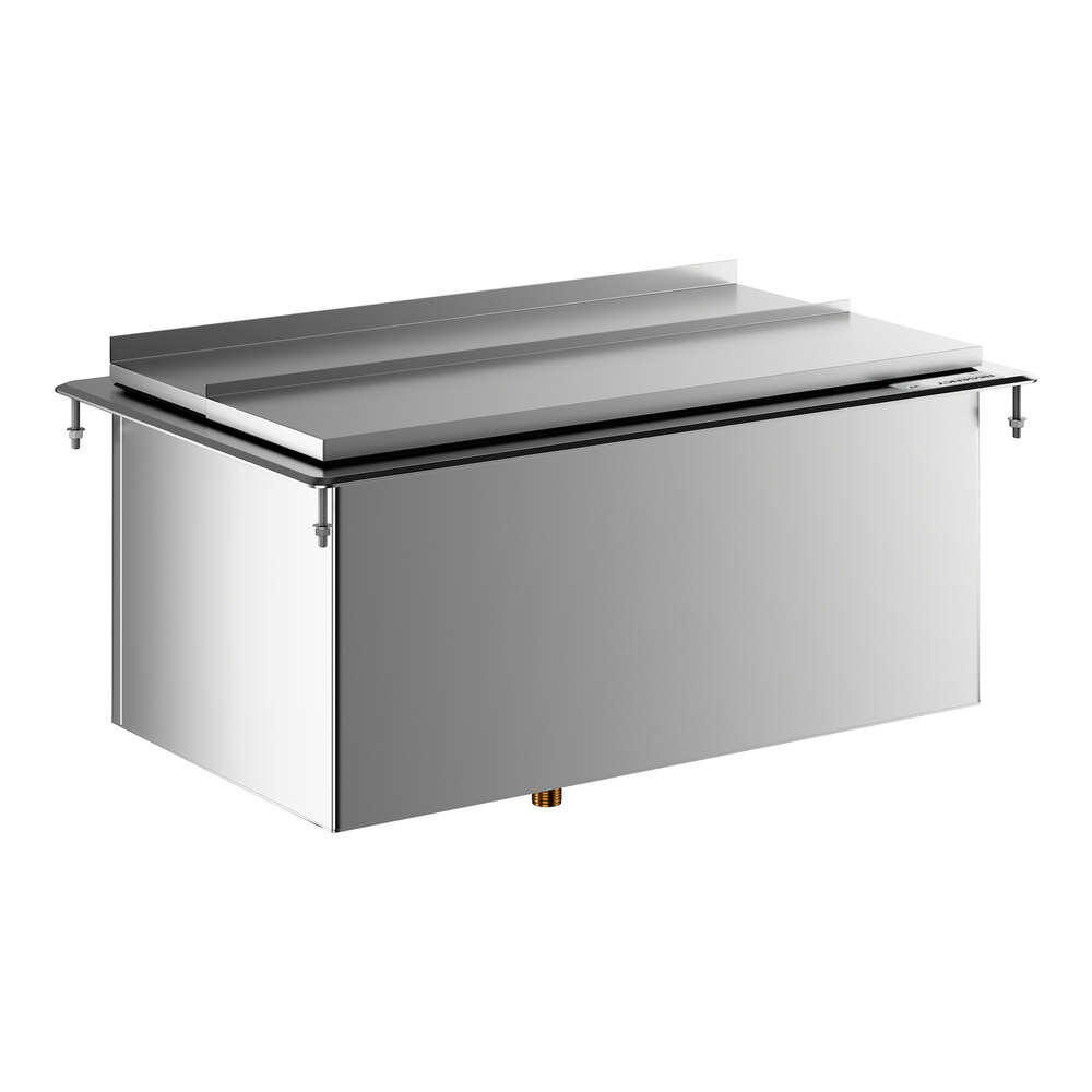 A rectangular stainless steel ice bin with a sliding lid and adjustable legs, designed for drop-in installation.