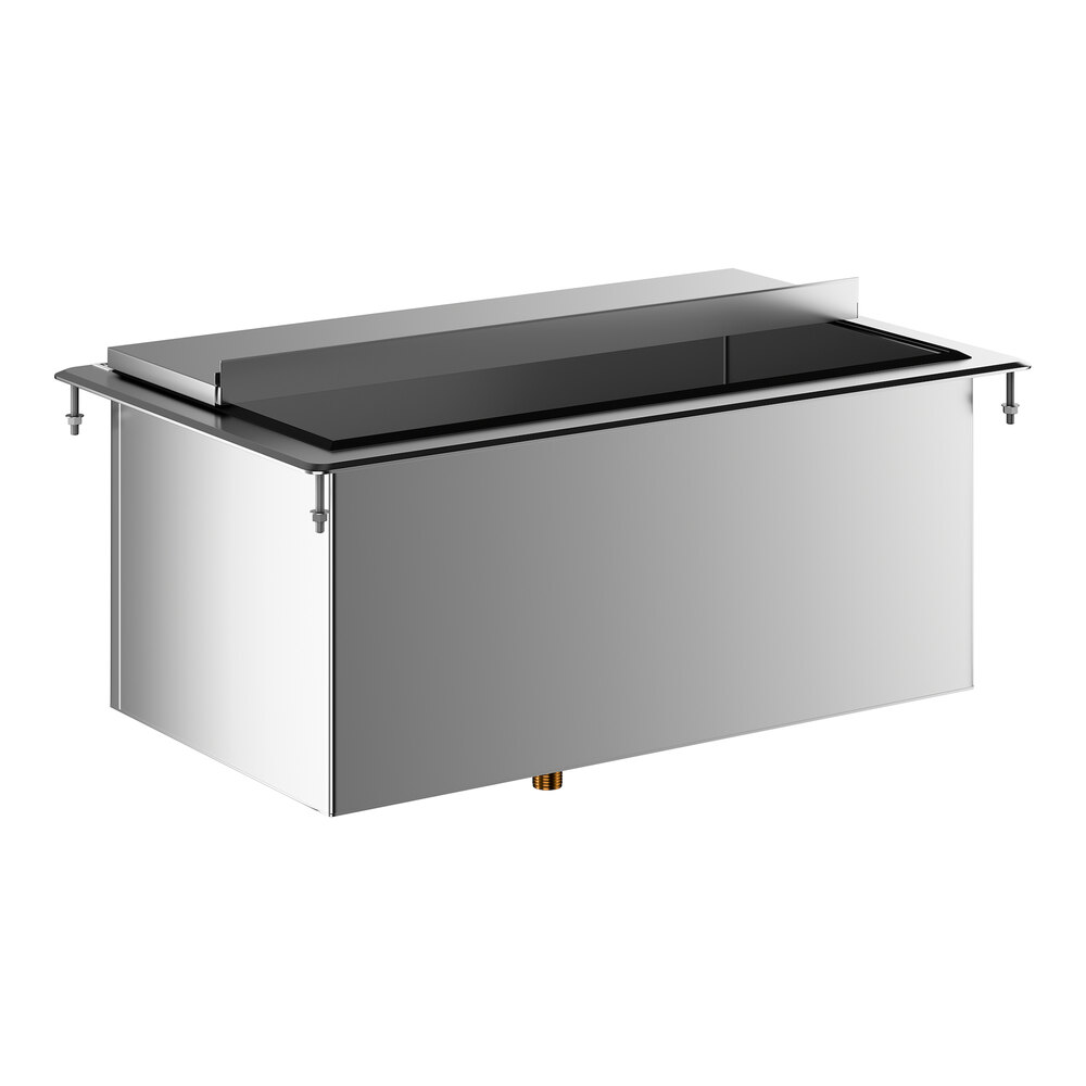 A rectangular stainless steel drop-in ice bin with a sliding lid and a backsplash, designed for installation into a countertop.